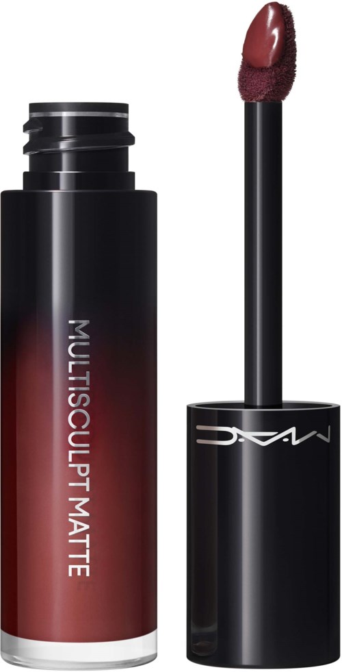 Lippenstift-Halter mit der Aufschrift 'Multisculpt Matte' ohne Deckel, zeigt einen dunkel rötlichbraunen Lippenstift.