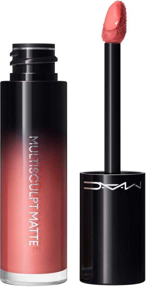 Lippenstift in schwarzem Behälter mit Applikator, beschriftet 'Multi-Scuplt Matte', in Rosatönen.