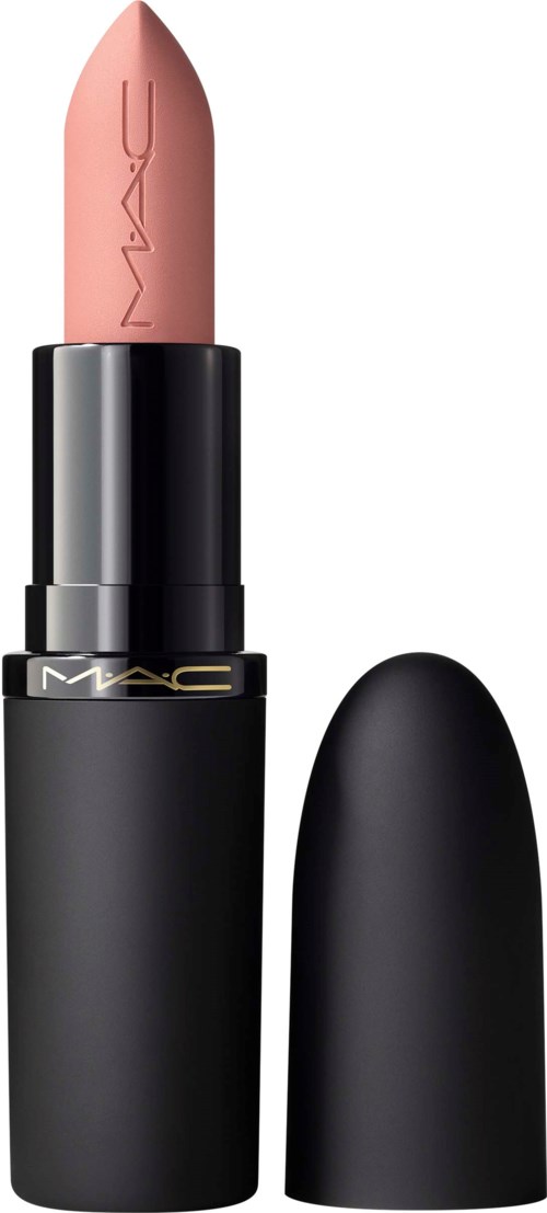 A nude lipstick with black packaging and a cap, brand name 'MAC' visible on the tube.