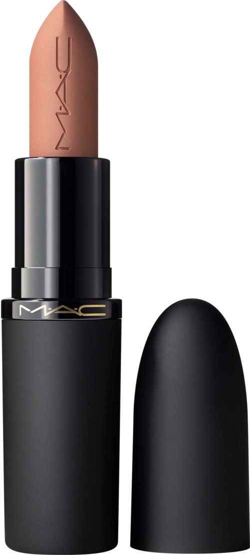 A beige lipstick in a black tube with a rounded cap. The lipstick has the MAC brand on it.