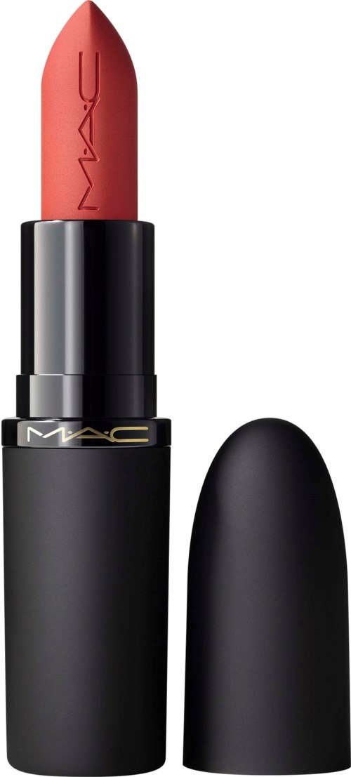 A lipstick in a black tube with a red color and a black cap beside it.