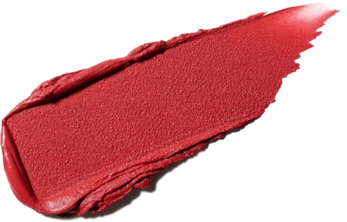 A thick, angled streak of red lipstick on a white background.