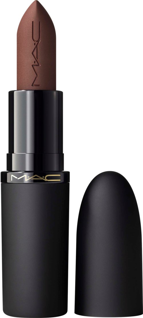 A lipstick with a black case, the lid is off, showing brown lipstick with text on it.