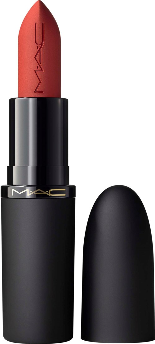 A red lipstick in a black tube with a cap nearby, brand name MAC on it.