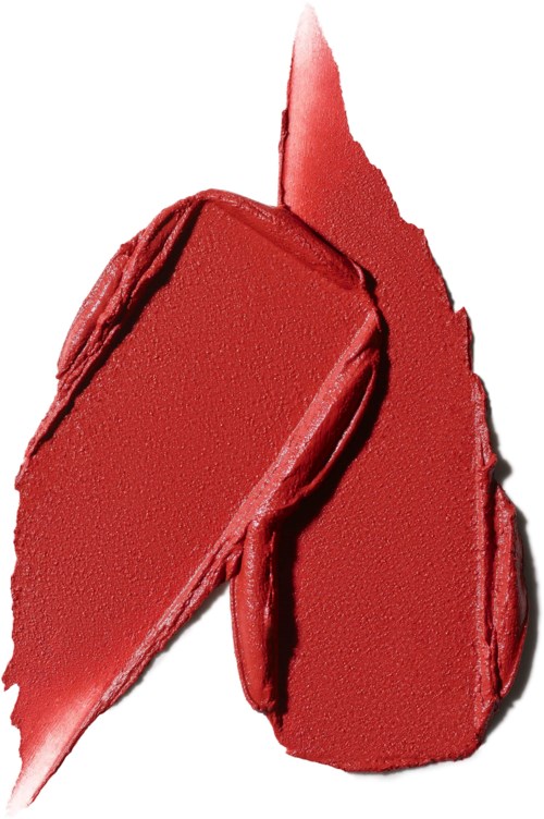 A red lipstick smear with a pointed tip and textured surface.