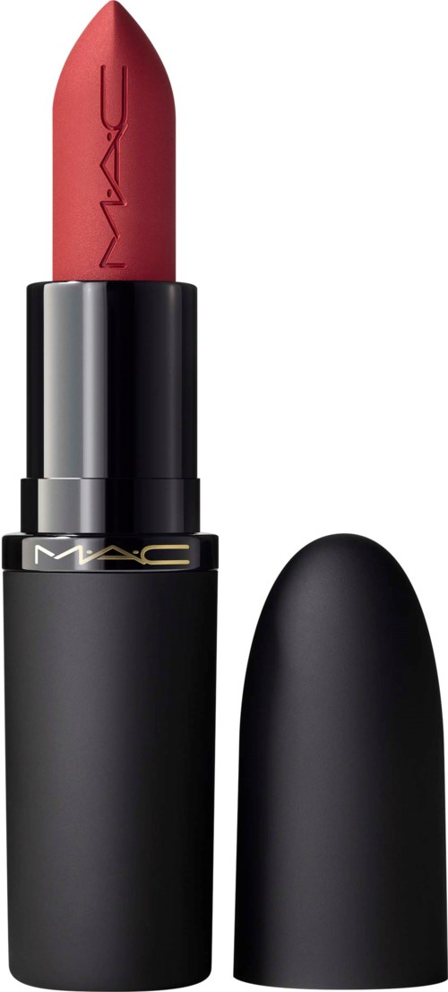 A MAC lipstick in a black case, with the cap removed to reveal a pinkish-red color.