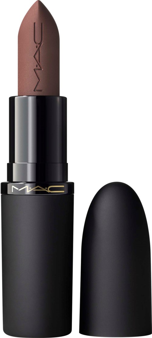 A brown lipstick in a black tube, with a rounded cap placed beside it.