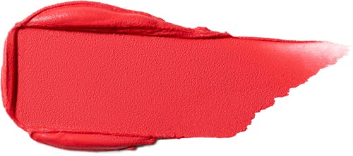 Red lipstick swipe on white background, thick and textured, with a slight curve.