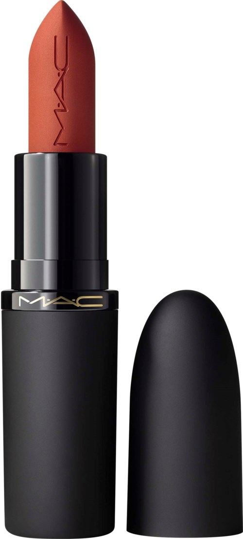 A lipstick with black case and the cap removed, revealing a peach-colored lipstick bullet.