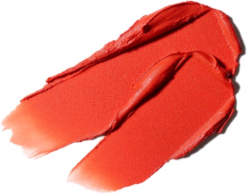 Two strokes of red-orange lipstick on white background, with visible texture and creamy finish.