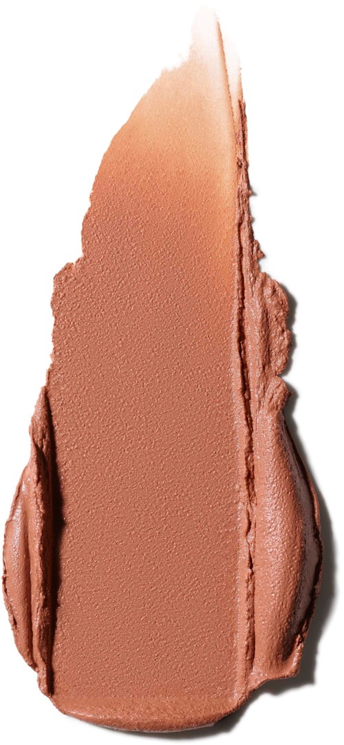 A vertical streak of beige makeup with darker edges on a white background.