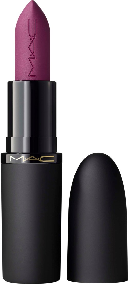 A pink lipstick in a black tube with a cap removed, showing the brand MAC on the tube.