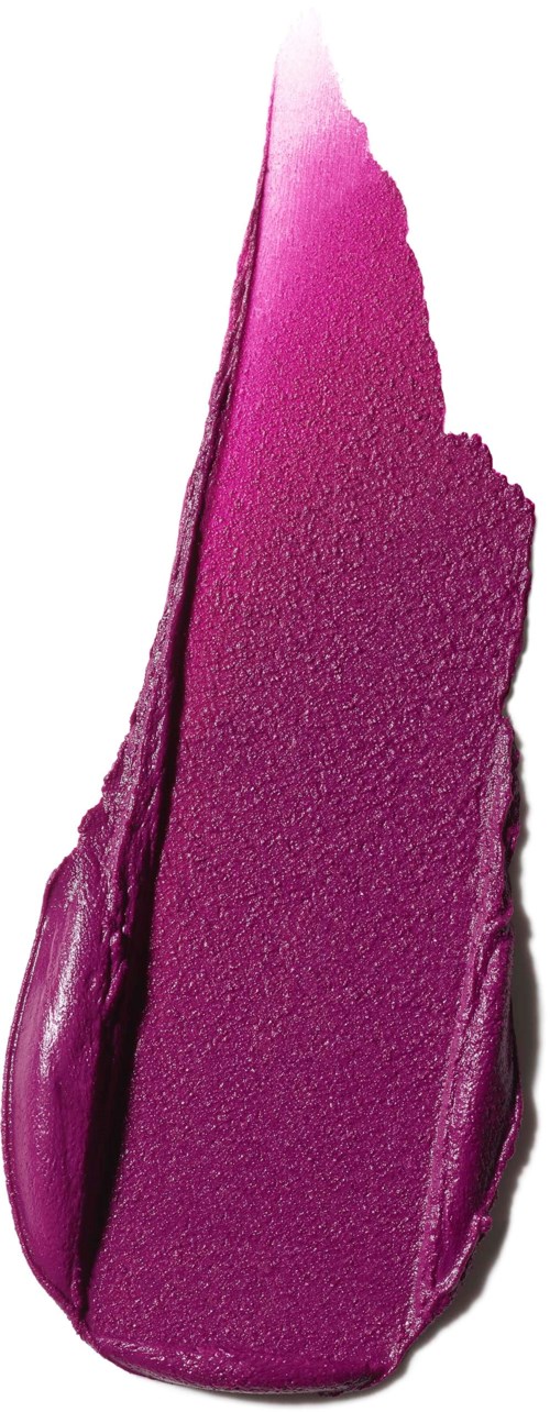 A swatch of purple lipstick with a shiny, smooth texture and a pointed shape.