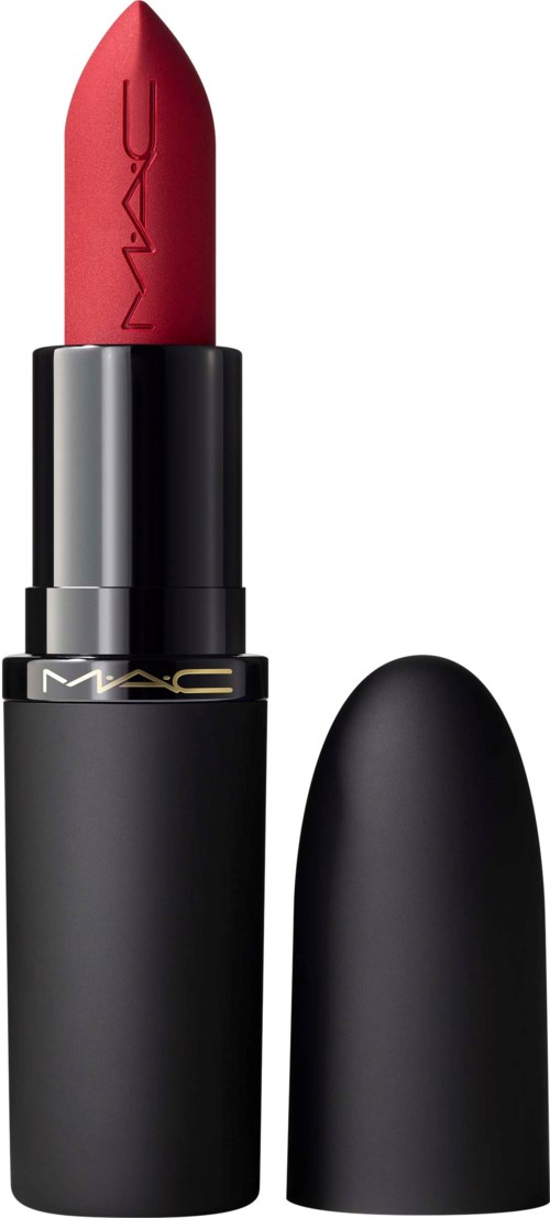 A red lipstick in a black tube with a removable cap, standing upright.