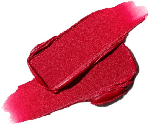 A bright red lipstick smear with a lipstick stick resting on top.