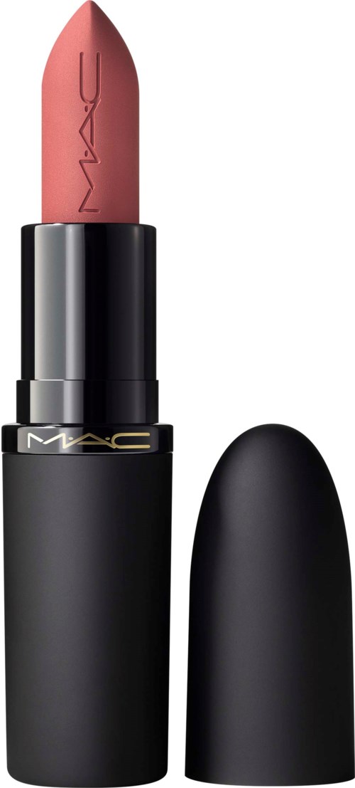 A pink lipstick in a black tube with the cap removed, showing the brand MAC on the lipstick.
