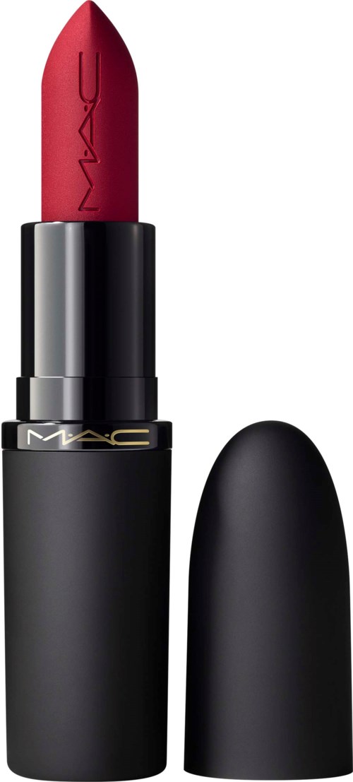 Red lipstick with black tube and cap, sleek and simple design.