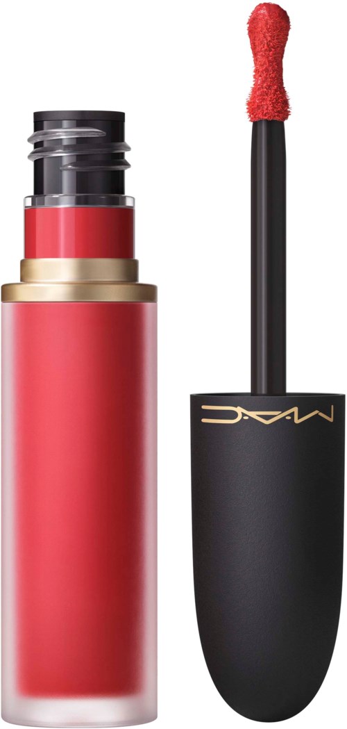 Lip gloss tube with an open applicator showing pink gloss inside.
