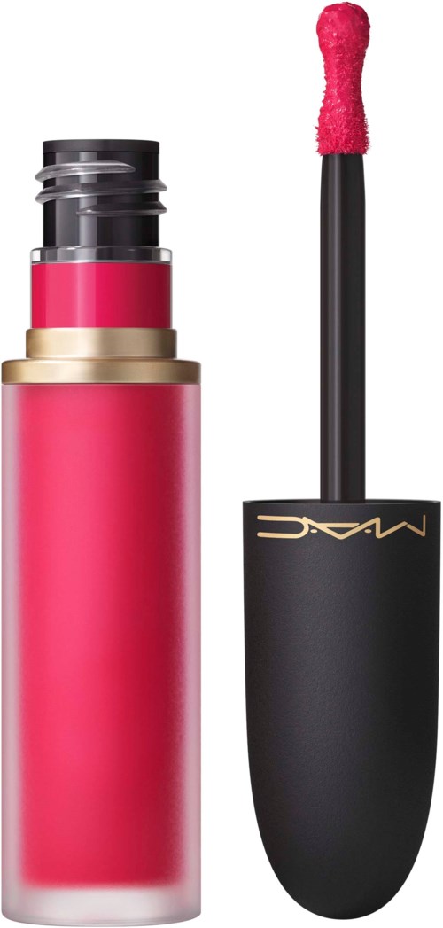 A pink liquid lipstick with a black and gold cap, along with an applicator wand with pink sponge.