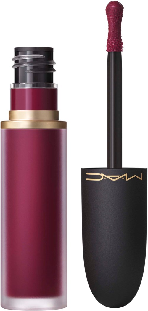 Lipstick with a black applicator and a burgundy tube, gold band, and logo on the cap.