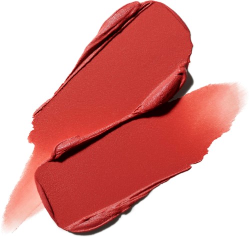 A lipstick smear in shades of red with a rectangular shape and a curved, textured edge.