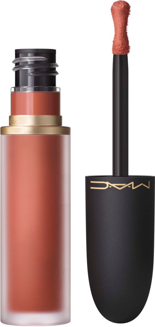 A liquid lipstick with a black cap, pinkish-brown color, and a wand applicator.