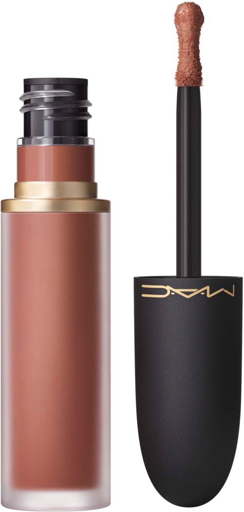 A lip gloss tube with the lid removed, showing the applicator with gloss on it.