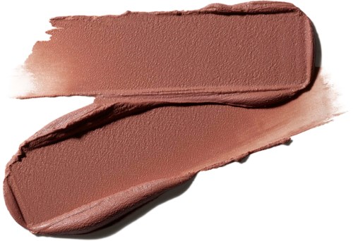 Two brownish makeup swipes, one thick and curvy, the other long and straight, on a white background.