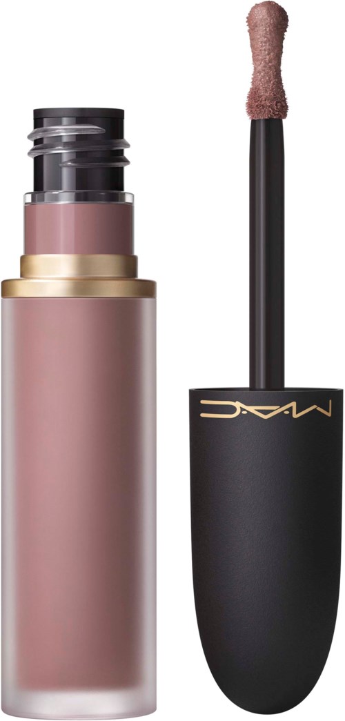 A lipstick tube with the cap removed, showing pink liquid lipstick and an attached wand with a pink applicator.