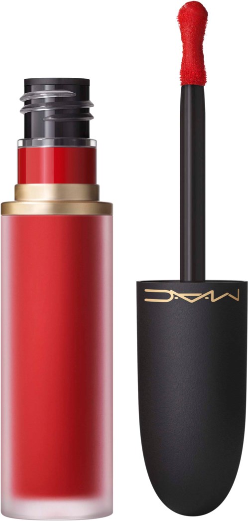 A red liquid lipstick in a tube with an applicator brush beside it.