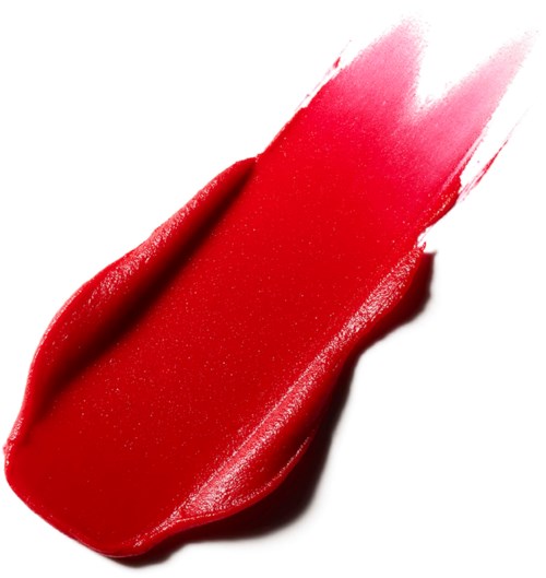 A bold red lipstick swipe on white background, showing shiny and smooth texture.