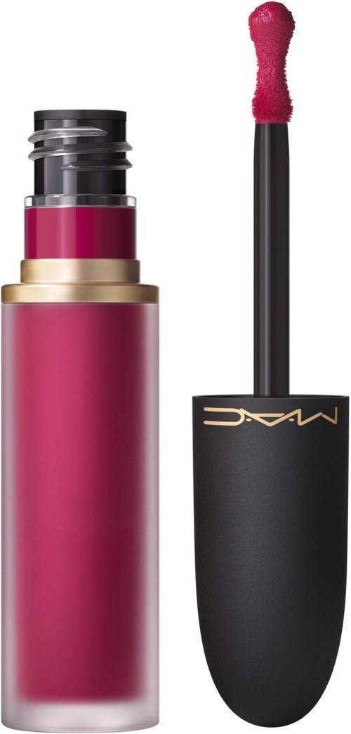 A pink lipstick with its black and gold cap removed, showing the applicator wand with pink gloss.
