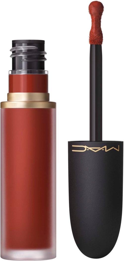 A lipstick tube with its cap off, showing a lip gloss applicator with a reddish-brown color.