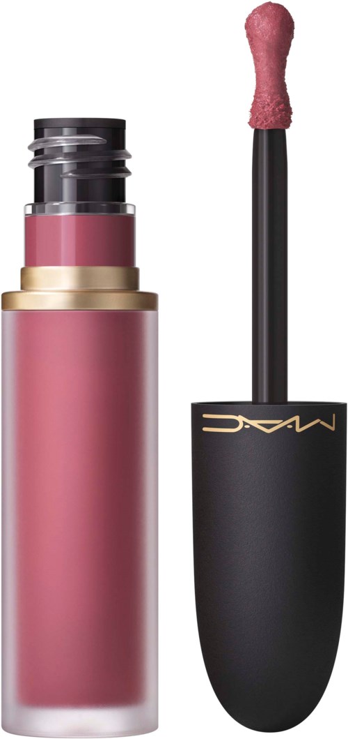A pink liquid lipstick with black and gold cap, and a separate applicator wand with pinkish lip gloss.