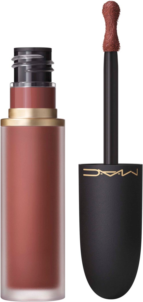 Lip gloss with black cap and pinkish-brown color inside.