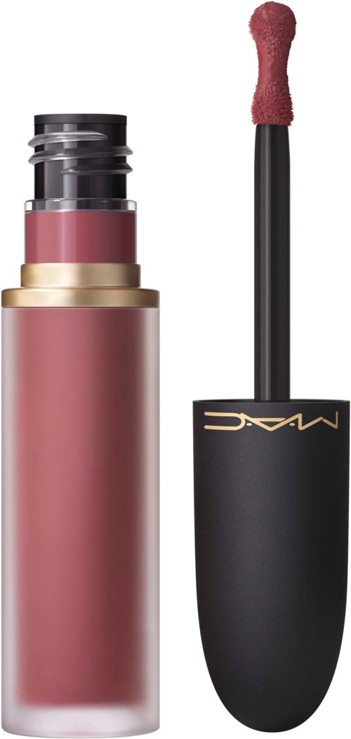 A pink lip gloss tube with the lid removed showing the applicator wand.