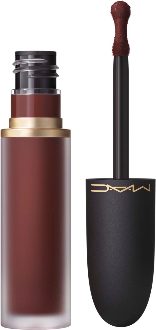 Lip gloss container with an open applicator wand, showing a dark red lipstick inside.