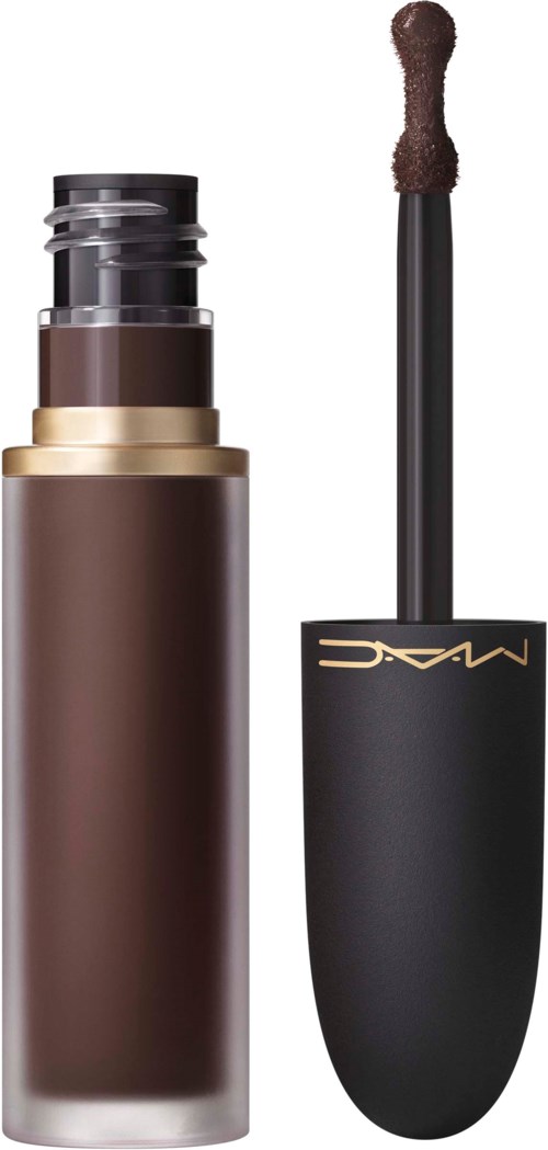 A brown liquid lipstick with an open applicator, container has gold and black details.