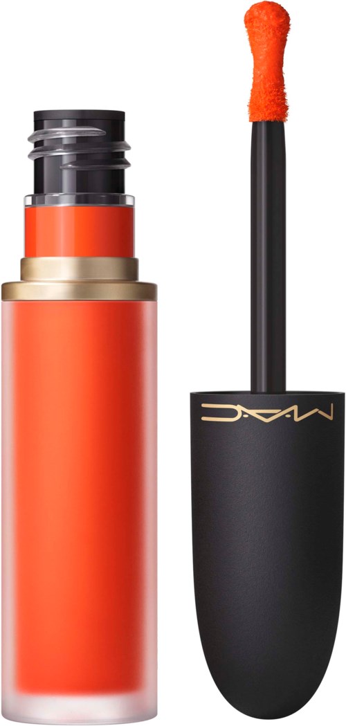 Lip gloss with a black cap and orange applicator, showing the product tube and wand.