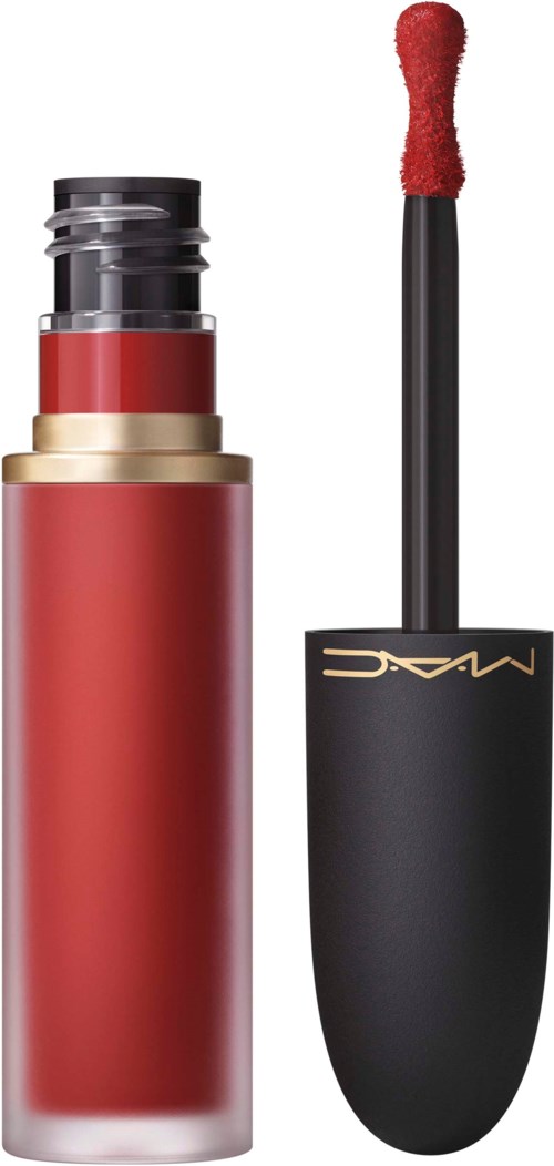 A lipstick tube with red lipstick and a black cap with a gold logo, and a matching applicator with red color.