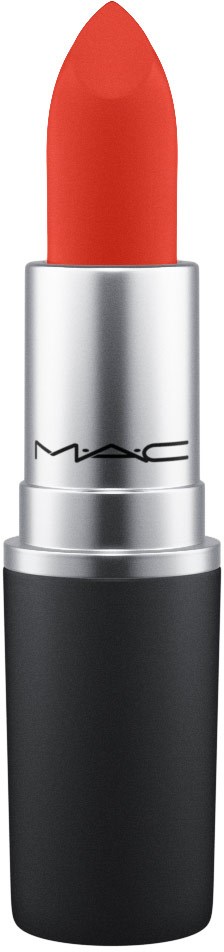 Punainen huulipuna hopea ja musta pakkauksessa, MAC-logo näkyvissä.