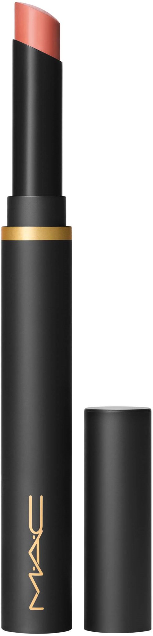 A lipstick case with black and gold details. The lipstick is a peachy shade. The cap is off, revealing the lipstick.