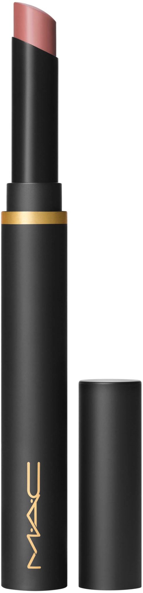 A lipstick tube with a pink lipstick showing at the top, black body, and a gold ring. The cap is removed.