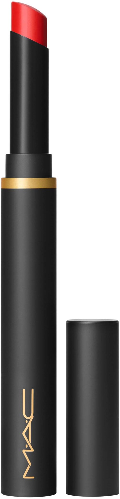 A black lipstick tube with a gold band, showing red lipstick inside. The tube has the MAC logo on it.