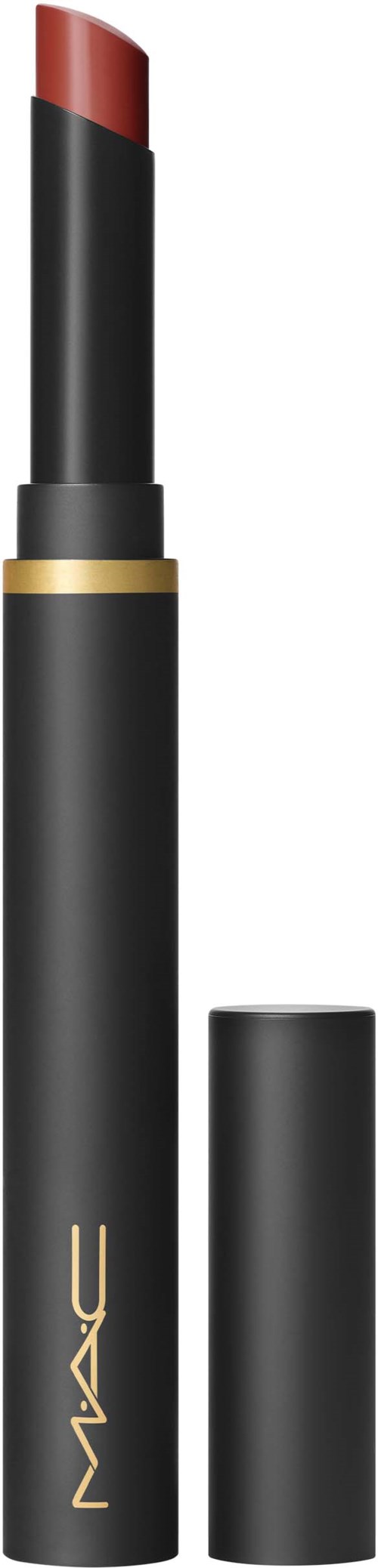 A MAC lipstick with black and gold packaging, showing the lipstick extended with a red color.