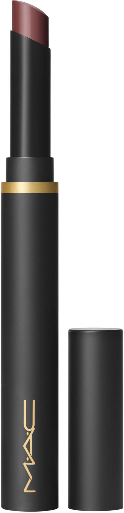 A lipstick with black case, gold band, and pinkish-brown lipstick visible. Cap is off and placed beside it.