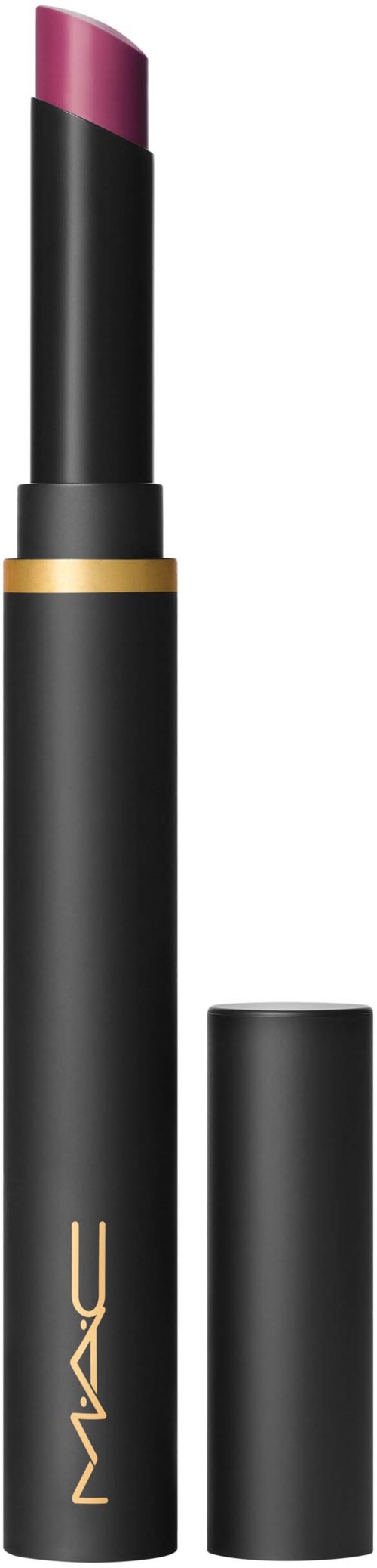 A lipstick with a pink shade, black and gold packaging, standing upright with the cap removed.