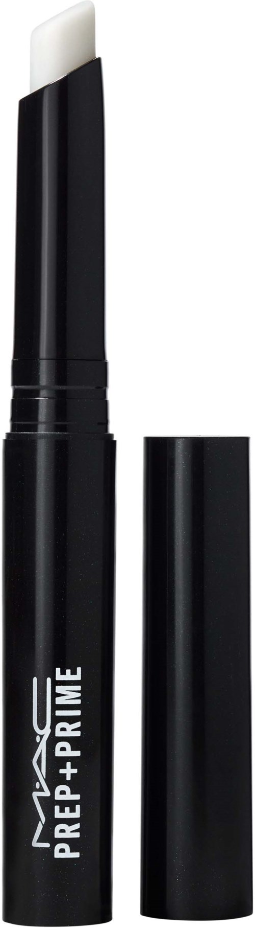 En svart MAC Prep + Prime-stift med en vit produktspets, används för makeupförberedelse.