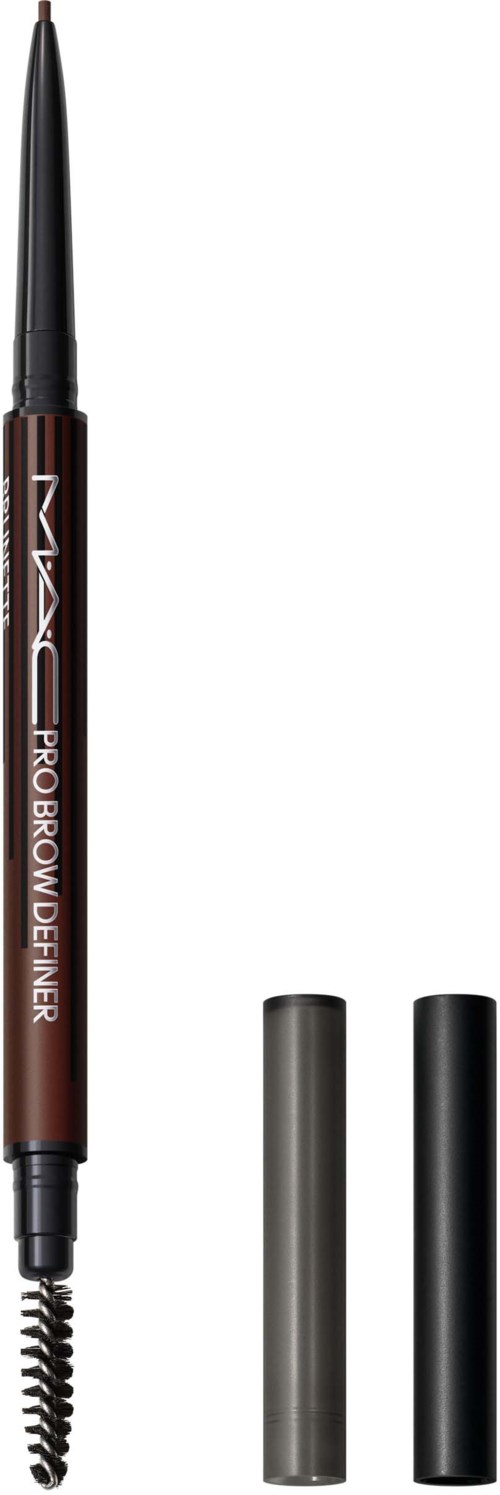 A brow pencil with two caps, one dark gray and one black, and a spoolie brush, used for eyebrow makeup.