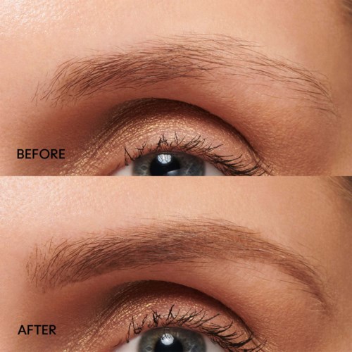 Comparison shows an eyebrow and eyelash before and after grooming or makeup application.